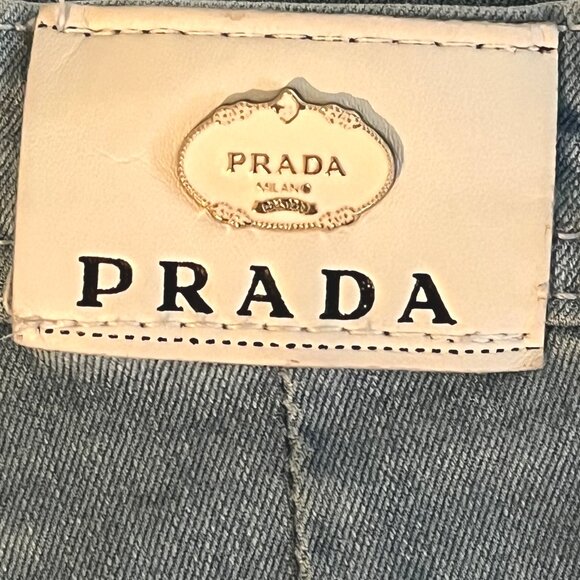 Prada 2 Pocket High Waisted Skinny Light Blue Jeans, Large Leather Logo Size 29 - Picture 6 of 10